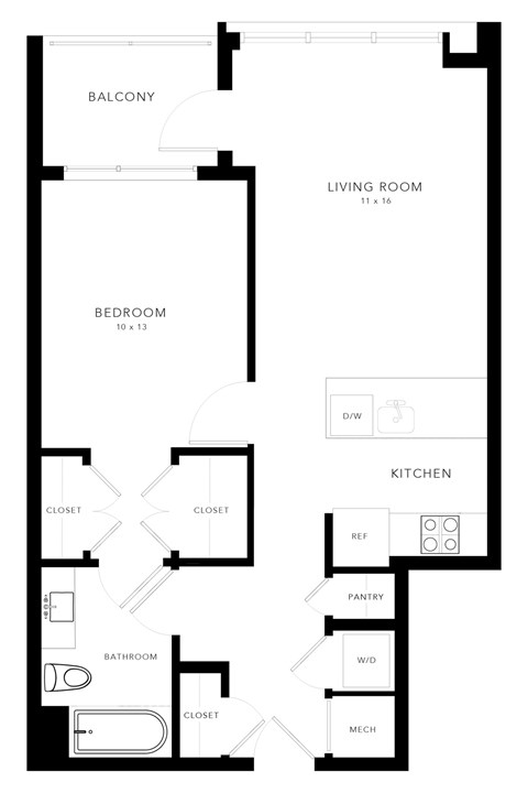 Floor plan for 1 bed, 1 bath, 636 sqft